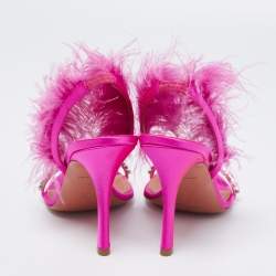 Pre Owned Amina Muaddi Pink Satin And Feather Adwoa Crystal Embellished Slingback Sandals Size 38