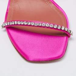 Pre Owned Amina Muaddi Pink Satin And Feather Adwoa Crystal Embellished Slingback Sandals Size 38