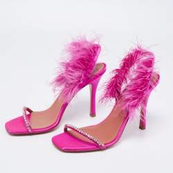 Pre Owned Amina Muaddi Pink Satin And Feather Adwoa Crystal Embellished Slingback Sandals Size 38