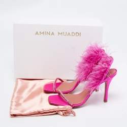 Pre Owned Amina Muaddi Pink Satin And Feather Adwoa Crystal Embellished Slingback Sandals Size 38