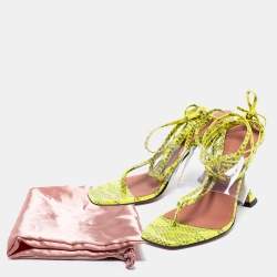 Amina Muaddi Neon Yellow/Grey Embossed Snakeskin Leather and PVC Zula Ankle Tie Sandals Size 37.5