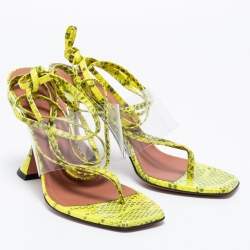 Amina Muaddi Neon Yellow/Grey Embossed Snakeskin Leather and PVC Zula Ankle Tie Sandals Size 37.5
