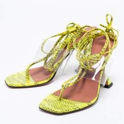 Amina Muaddi Neon Yellow/Grey Embossed Snakeskin Leather and PVC Zula Ankle Tie Sandals Size 37.5