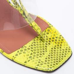 Amina Muaddi Neon Yellow/Grey Embossed Snakeskin Leather and PVC Zula Ankle Tie Sandals Size 37.5