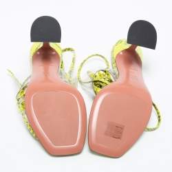 Amina Muaddi Neon Yellow/Grey Embossed Snakeskin Leather and PVC Zula Ankle Tie Sandals Size 37.5