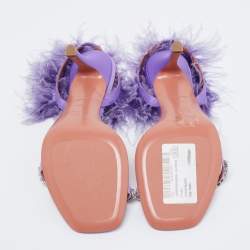 Pre Owned Amina Muaddi Purple Satin Crystal Embellished And Feather Adwoa Slingback Sandals Size 37.5