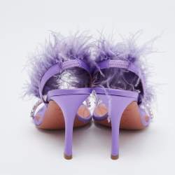 Pre Owned Amina Muaddi Purple Satin Crystal Embellished And Feather Adwoa Slingback Sandals Size 37.5