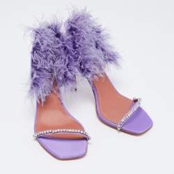 Pre Owned Amina Muaddi Purple Satin Crystal Embellished And Feather Adwoa Slingback Sandals Size 37.5