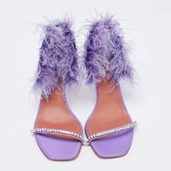 Pre Owned Amina Muaddi Purple Satin Crystal Embellished And Feather Adwoa Slingback Sandals Size 37.5