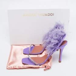 Pre Owned Amina Muaddi Purple Satin Crystal Embellished And Feather Adwoa Slingback Sandals Size 37.5