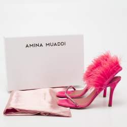Pre Owned Amina Muaddi Peach Satin Crystal Embellished And Feather Adwoa Slingback Sandals Size 37.5