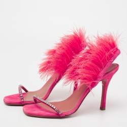 Pre Owned Amina Muaddi Peach Satin Crystal Embellished And Feather Adwoa Slingback Sandals Size 37.5