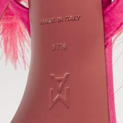 Pre Owned Amina Muaddi Peach Satin Crystal Embellished And Feather Adwoa Slingback Sandals Size 37.5