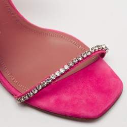 Pre Owned Amina Muaddi Peach Satin Crystal Embellished And Feather Adwoa Slingback Sandals Size 37.5