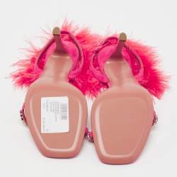Pre Owned Amina Muaddi Peach Satin Crystal Embellished And Feather Adwoa Slingback Sandals Size 37.5