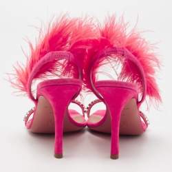 Pre Owned Amina Muaddi Peach Satin Crystal Embellished And Feather Adwoa Slingback Sandals Size 37.5