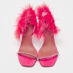 Pre Owned Amina Muaddi Peach Satin Crystal Embellished And Feather Adwoa Slingback Sandals Size 37.5