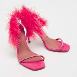 Pre Owned Amina Muaddi Peach Satin Crystal Embellished And Feather Adwoa Slingback Sandals Size 37.5