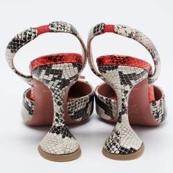Pre Owned Amina Muaddi Red/Monochrome Python Embossed Leather Begum Sling Pumps Size 37