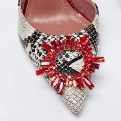 Pre Owned Amina Muaddi Red/Monochrome Python Embossed Leather Begum Sling Pumps Size 37