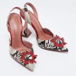 Pre Owned Amina Muaddi Red/Monochrome Python Embossed Leather Begum Sling Pumps Size 37