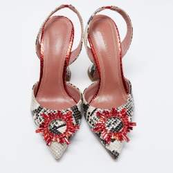 Pre Owned Amina Muaddi Red/Monochrome Python Embossed Leather Begum Sling Pumps Size 37