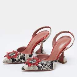 Pre Owned Amina Muaddi Red/Monochrome Python Embossed Leather Begum Sling Pumps Size 37
