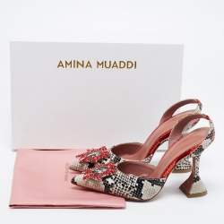 Pre Owned Amina Muaddi Red/Monochrome Python Embossed Leather Begum Sling Pumps Size 37