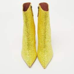 Pre Owned Amina Muaddi Yellow Coarse Glitter Giorgia Ankle Boots Size 37