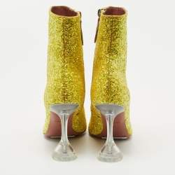 Pre Owned Amina Muaddi Yellow Coarse Glitter Giorgia Ankle Boots Size 37