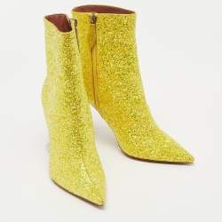 Pre Owned Amina Muaddi Yellow Coarse Glitter Giorgia Ankle Boots Size 37