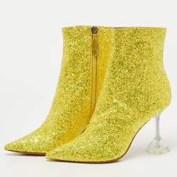Pre Owned Amina Muaddi Yellow Coarse Glitter Giorgia Ankle Boots Size 37