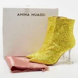 Pre Owned Amina Muaddi Yellow Coarse Glitter Giorgia Ankle Boots Size 37