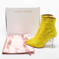 Pre Owned Amina Muaddi Yellow Coarse Glitter Giorgia Ankle Boots Size 38