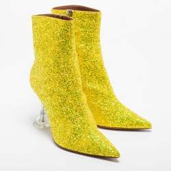 Pre Owned Amina Muaddi Yellow Coarse Glitter Giorgia Ankle Boots Size 38