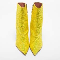 Pre Owned Amina Muaddi Yellow Coarse Glitter Giorgia Ankle Boots Size 38