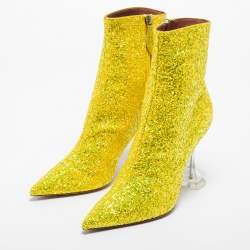 Pre Owned Amina Muaddi Yellow Coarse Glitter Giorgia Ankle Boots Size 38