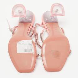 Pre Owned Amina Muaddi Pink Leather Gilda Crystal-Embellished Ankle Strap Sandals Size 37