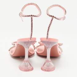 Pre Owned Amina Muaddi Pink Leather Gilda Crystal-Embellished Ankle Strap Sandals Size 37