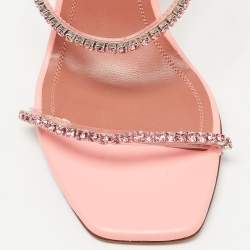 Pre Owned Amina Muaddi Pink Leather Gilda Crystal-Embellished Ankle Strap Sandals Size 37