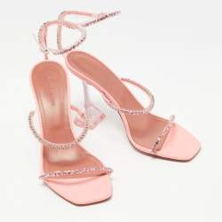 Pre Owned Amina Muaddi Pink Leather Gilda Crystal-Embellished Ankle Strap Sandals Size 37