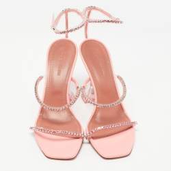 Pre Owned Amina Muaddi Pink Leather Gilda Crystal-Embellished Ankle Strap Sandals Size 37