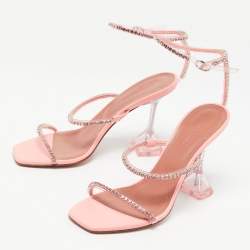Pre Owned Amina Muaddi Pink Leather Gilda Crystal-Embellished Ankle Strap Sandals Size 37