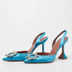 Pre Owned Amina Muaddi Blue Satin Begum Slingback Pumps Size 39