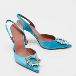 Pre Owned Amina Muaddi Blue Satin Begum Slingback Pumps Size 39