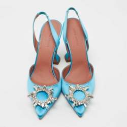 Pre Owned Amina Muaddi Blue Satin Begum Slingback Pumps Size 39