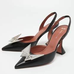 Amina Muaddi Black Leather Awge Phoenix Slingback Pumps Size 38
