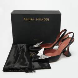 Amina Muaddi Black Leather Awge Phoenix Slingback Pumps Size 38