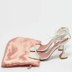 Pre Owned Amina Muaddi White Crystal Embellished Satin Vita Ankle Tie Sandals Size 37
