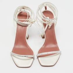 Pre Owned Amina Muaddi White Crystal Embellished Satin Vita Ankle Tie Sandals Size 37